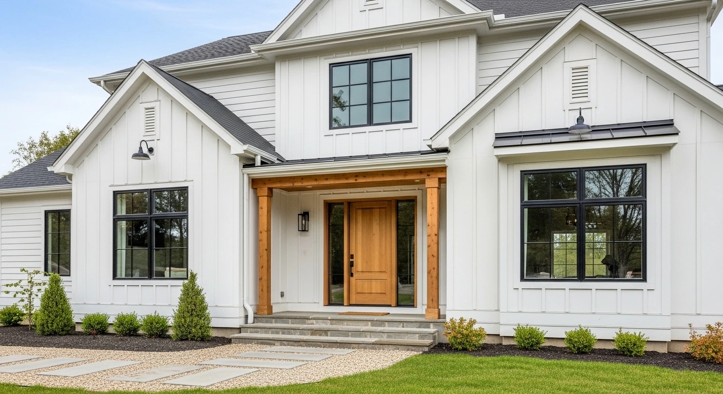 Crisp white modern farmhouse with black window frames and wooden front door