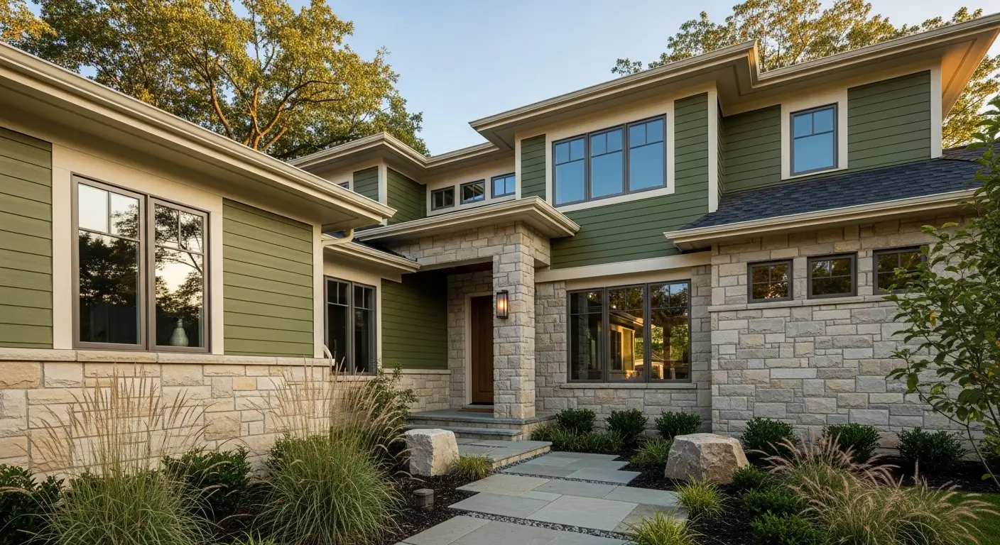 Modern house with olive green exterior, cream trim, and natural stone details